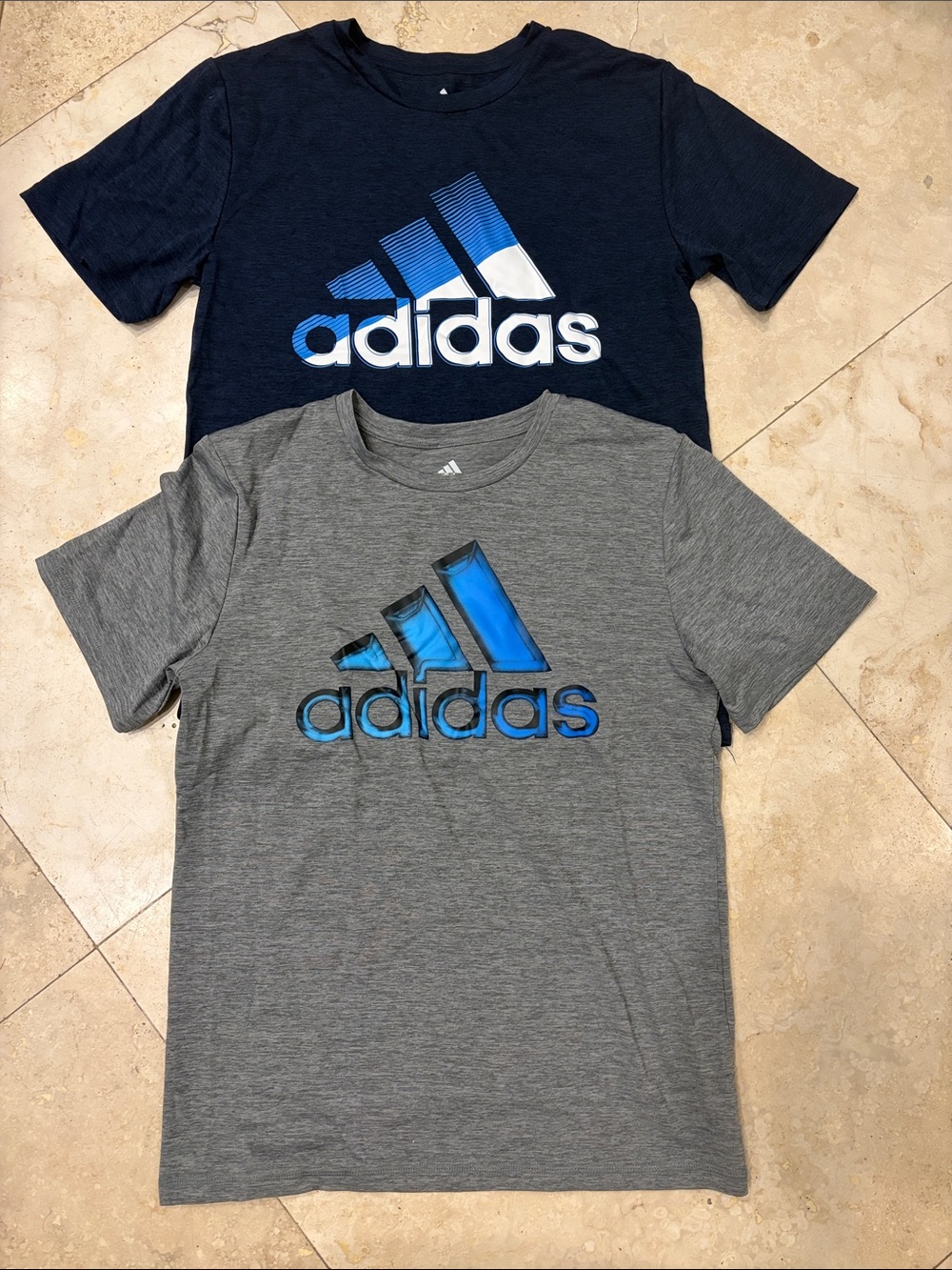 2 adidas Dri-Fit Short-Sleeve Logo Tees in Navy and Gray Large (14-16)